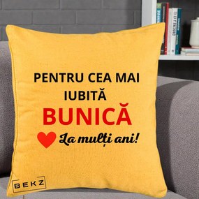 Cadou pentru Bunica - Perna Personalizata Pentru Cea Mai Iubita Bunica La Multi Ani Rosu, 40x40 cm, Galben, Husa Detasabila, Perna Inclusa, BEKZ®