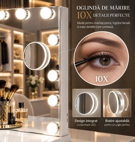 Oglindă cosmetică, sistem iluminare LED cu 3 culori, Luminozitate reglabilă, Senzor Tactil, Port încărcare USB+Type C, Oglindă de mărire 10X, Alb