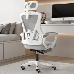 Scaun ergonomic cu suport lombar, pivotant 360°, tetieră reglabilă, suport pentru picioare, Mesh, Alb/Gri