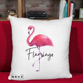 Perna Decorativa Flamingo Acuarela, 40x40 cm, Alb Pufos, Husa Detasabila, Perna Inclusa, BEKZ®