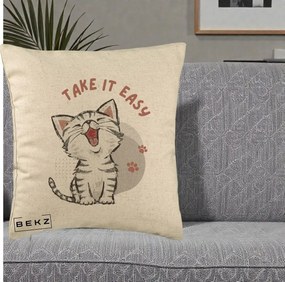 Perna Personalizata Take It Easy Cat, 40x40 cm, Bej, Husa Detasabila, Perna Inclusa, BEKZ®