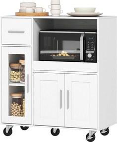 HOMCOM Dulap de bucătărie pe roți, comodă mobilă de bucătărie cu rafturi, sertare, raft reglabil, orificiu pentru cablu, Alb | Aosom Romania