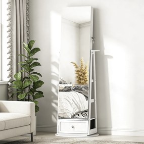 HOMCOM Oglindă-dulap pentru bijuterii cu LED-uri Dulap pentru bijuterii cu oglindă integrală Rotativ 360° Sertar Încuietoare Alb | Aosom Romania