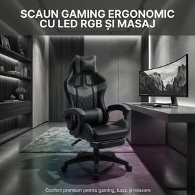 Scaun gaming, sistem iluminare bandă LED RGB, masaj în perna lombară, suport picioare, Negru/Gri