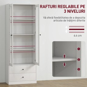 HOMCOM Dulap de Bucătărie cu Uși din Sticlă, 2 Sertare și Rafturi Reglabile Alb | Aosom Romania