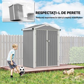 Outsunny Magazie de Grădină 1.1m² din Oțel Zincat, Magazie cu Porți Duble Largi Blocabile, Acoperiș Înclinat, Mănuși, Spațiu pentru Unelte, 133x87x178 cm, Gri Argintiu | Aosom Romania