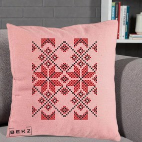 Perna Personalizata Motiv Traditional Cusatura Rosu-Negru, 40x40 cm, Roz, Husa Detasabila, Perna Inclusa, BEKZ®
