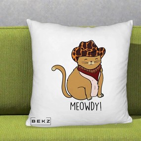 Perna Decorativa Pisica Cowboy Meowdy, 40x40 cm, Alb Pufos, Husa Detasabila, Perna Inclusa, BEKZ®