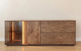 Comodă TV lemn masiv Aurora cu Vitrină Iluminată Stejar Fumuriu, 165 × 43.5 × 60 cm