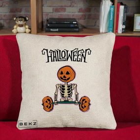 Perna Decorativa Halloween Schelet cu Cap de Dovleac Powerlifting, 40x40 cm, Bej Canapea, Husa Detasabila, Perna Inclusa, BEKZ®