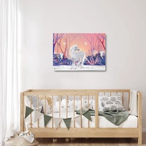 Tablou pe sticlă - Unicorn în pădurea fermecată (70x50 cm)