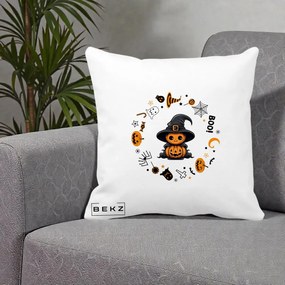 Perna Decorativa Halloween Dovleac Vrajitor Boo cu Simboluri, 40x40 cm, Alba Mata, Husa Detasabila, Perna Inclusa, BEKZ®