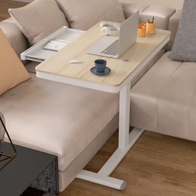 Birou Reglabil Multifuncțional cu Manivelă, Cadru Metalic, Sertar Glisant Ascuns, Design Compact – Ideal pentru Pat, Canapea și Lucru Flexibil, Stejar deschis/Alb