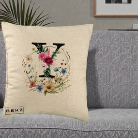 Cadou Personalizat - Perna Personalizata Monograma Florala Litera Y cu Coroana, 40x40 cm, Bej, Husa Detasabila, Perna Inclusa, BEKZ®