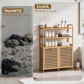 HOMCOM Dulap pentru Rufărie Dublu Rabatabil, Bambus, 2 Coșuri, 3 Rafturi, Culoare Stejar | Aosom Romania