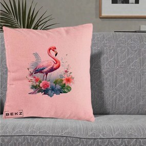 Perna Decorativa Flamingo cu Flori Tropicale Acuarela, 40x40 cm, Roz, Husa Detasabila, Perna Inclusa, BEKZ®
