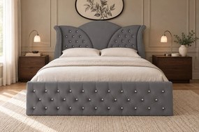 Pat tapițat Chesterfield din catifea Velora Deluxe 160×200 cm, gri închis, cu ladă de depozitare
