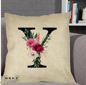 Cadou Personalizat - Perna Personalizata Monograma Florala Litera Y cu Buchet, 40x40 cm, Crem, Husa Detasabila, Perna Inclusa, BEKZ®