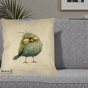 Perna Decorativa Pasare Teal Adormita cu Ochi Galbeni, 40x40 cm, Crem, Husa Detasabila, Perna Inclusa, BEKZ®