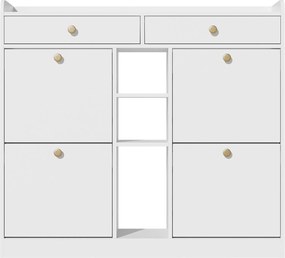 Dulap pentru pantofi cu 4 uși rabatabile, 2 sertare și 3 compartimente deschise, 110x26x100 cm, Alb