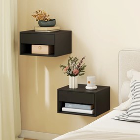 HOMCOM Set de 2 noptieri montate pe perete, sertar, compartiment deschis, blat, 37 x 32 x 21 cm, negru | Aosom Romania