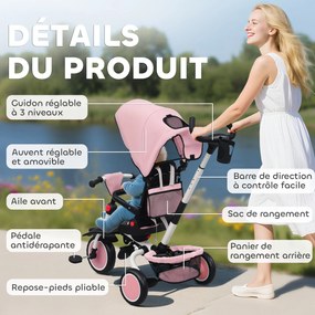 AIYAPLAY Triciclu bebeluș evolutiv 6 în 1, triciclu copii pliabil cu mânere părintești reglabile, șezut pivotant 360°, roz | Aosom Romania
