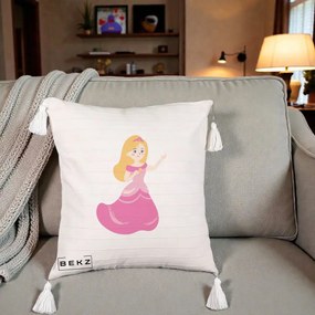 Perna Personalizata Printesa Roz cu Microfon, 40x40 cm, Bej cu Franjuri, Husa Detasabila, Perna Inclusa, BEKZ®
