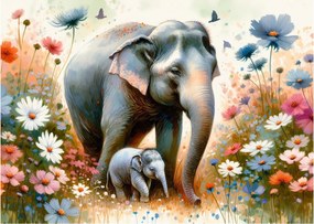 Tablou pe sticlă - Mama elefant, acuarelă (70x50 cm)