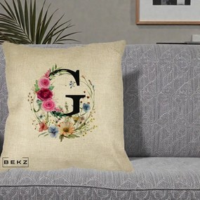 Cadou Personalizat - Perna Personalizata Monogram Litera G cu Flori Acuarela, 40x40 cm, Crem, Husa Detasabila, Perna Inclusa, BEKZ®