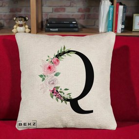 Cadou Personalizat - Perna Personalizata Monograma Florala Litera Q, 40x40 cm, Bej Canapea, Husa Detasabila, Perna Inclusa, BEKZ®