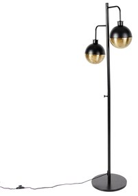 Lampă de podea industrială neagră cu alamă cu 2 lumini - Haicha