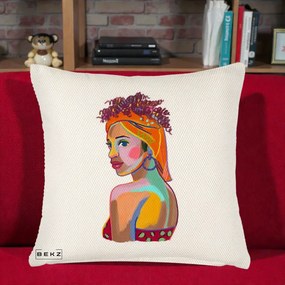 Perna Decorativa Portret Femeie Colorat Pop Art, 40x40 cm, Crem Reliefat, Husa Detasabila, Perna Inclusa, BEKZ®