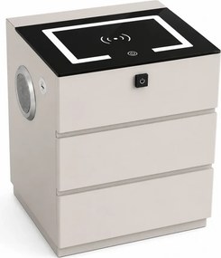 RESIGILAT- Noptieră inteligentă multifuncțională, 3 sertare, blocare cu amprentă, LED-uri tactile, 3 tipuri de culoare, încărcare fără fir, Difuzor Bluetooth, incarcare USB, sticla securizata, Alb