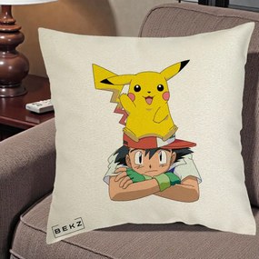 Perna Personalizata Ash si Pikachu, 40x40 cm, Ecru, Husa Detasabila, Perna Inclusa, BEKZ®