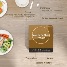 HOMCOM Placă Inducție 2000W Temperatură Reglabilă, Plastic și Sticlă, 31x27x4.2 cm, Negru | Aosom Romania