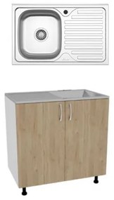 Set Masca Chiuveta Karo, Lemn Natural/Alb, 80 x 50 x 80 cm, Chiuveta Inox, Cuva stanga
