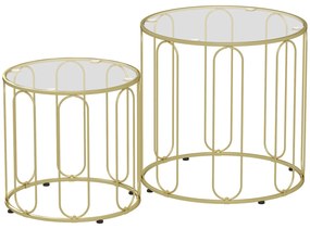 HOMCOM Set de 2 mese de cafea gigogne rotunde moderne cu cadru din metal și blat din sticlă securizată, ton auriu | Aosom Romania