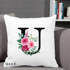Cadou Personalizat - Perna Personalizata Monograma Florala Litera U, 40x40 cm, Alba Mata, Husa Detasabila, Perna Inclusa, BEKZ®