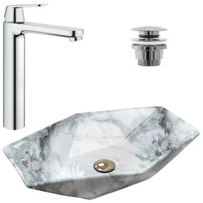 Pachet lavoar pe blat Rea Vegas granit 57 cm, baterie lavoar Grohe Eurosmart Cosmopolitan XL crom si ventil lavoar Click-Clack crom