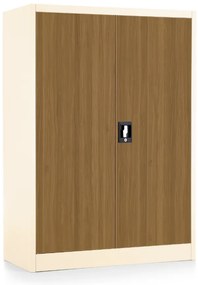 Dulap metalic universal mediu cu imitație de lemn, 90 x 40 x 120 cm, încuietoare cu cilindru, nuc / ral 9003