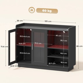 HOMCOM Dulap Port-Sticle cu Lumini LED RGB și Suport pentru 12 Sticle, Dulap pentru Vinuri cu Raft Reglabil și Uși cu Închidere Lentă din Sticlă pentru Casă, Bucătărie și Sufragerie, Negru | Aosom Romania