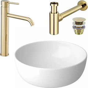 Pachet lavoar pe blat Cersanit Moduo alb 40 cm, baterie lavoar Rea Lungo auriu si ventil lavoar Click-Clack auriu