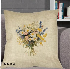 Perna Decorativa Buchet Camp Acuarela Margarete-Lavanda, 40x40 cm, Crem, Husa Detasabila, Perna Inclusa, BEKZ®