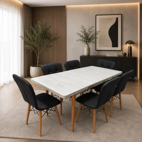 Set masa extensibila cu 6 scaune tapitate Homs cristal alb-negru 170 x 80 cm