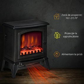 HOMCOM Șemineu Electric Portabil 1000W/2000W din ABS și Sticlă Negru | Aosom Romania