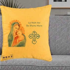 Cadou de Onomastica - Perna Personalizata Sfanta Marie Icoana Acuarela, 40x40 cm, Galben, Husa Detasabila, Perna Inclusa, BEKZ®