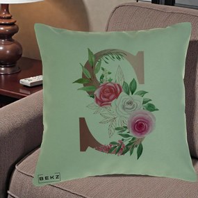 Cadou Personalizat - Perna Personalizata Monograma Rose Gold Litera S, 40x40 cm, Verde, Husa Detasabila, Perna Inclusa, BEKZ®