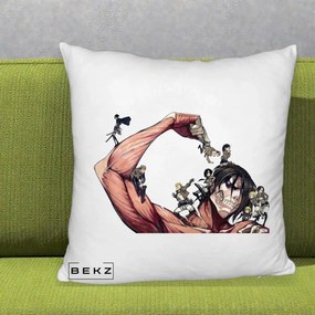 Perna Personalizata Attack on Titan Eren Titan Grup, 40x40 cm, Alb Pufos, Husa Detasabila, Perna Inclusa, BEKZ®