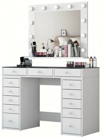 Masă cosmetică Livia White cu blat din sticlă