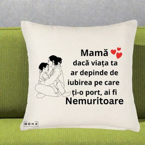 Cadou pentru Mama - Perna Personalizata Mama Nemuritoare Kawaii, 40x40 cm, Crem Reliefat, Husa Detasabila, Perna Inclusa, BEKZ®